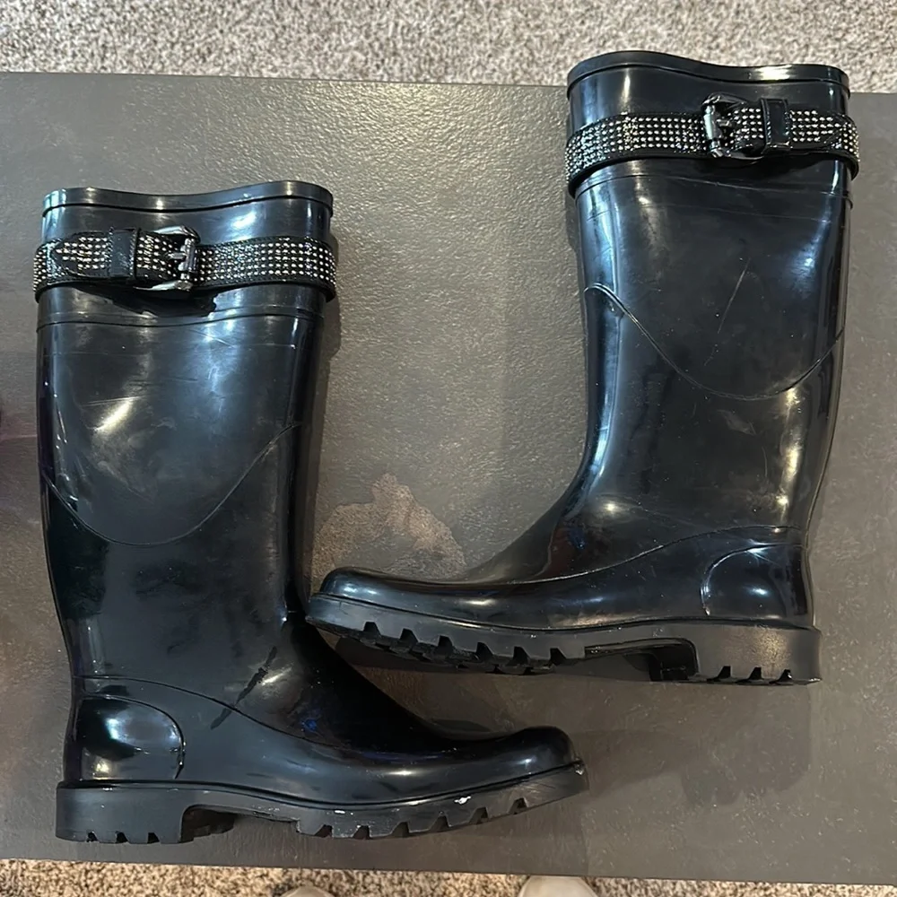 Burberry Black Patent Knee-High Rain Boots with Studded Strap Detail